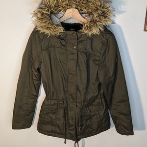 Green Canvas Lined Parka with Cinched Waist and Faux-Fur Hood